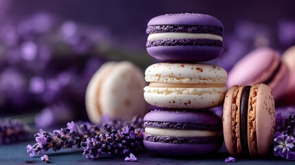 colorful tasty macaroon assortment and lavender flowers