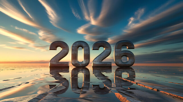 Year 2026 numbers reflected on wet sand at sunset with dramatic clouds - Powered by Adobe