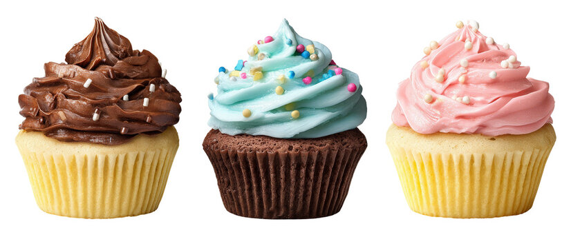 Three beautifully decorated cupcakes featuring chocolate, blue, and pink frosting, arranged in a row against a clean background, ideal for dessert promotion or baking inspiration