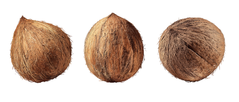 Three distinct brown coconut shells arranged in a row, showcasing their textured surfaces and natural colors against a clean background, ideal for food-related projects or tropical themes