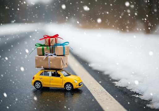 Yellow Car Carrying Christmas Gifts on Snowy Road - Powered by Adobe