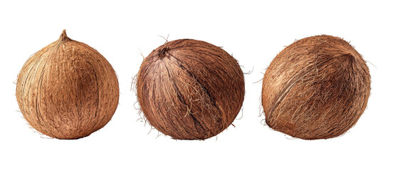 Three coconut shells arranged in a row, showcasing their textured surfaces and natural colors, set against a plain background, ideal for food and nature-related content