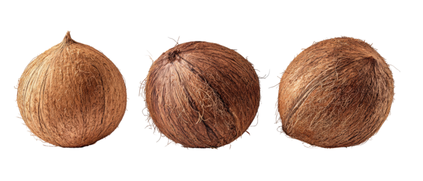 Three coconut shells arranged in a row, showcasing their textured surfaces and natural colors, set against a plain background, ideal for food and nature-related content