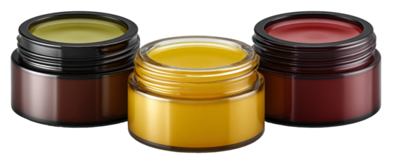 Three jars of vibrant colored substances arranged in a triangular formation, showcasing their rich textures and hues, set against a neutral background, ideal for artistic projects