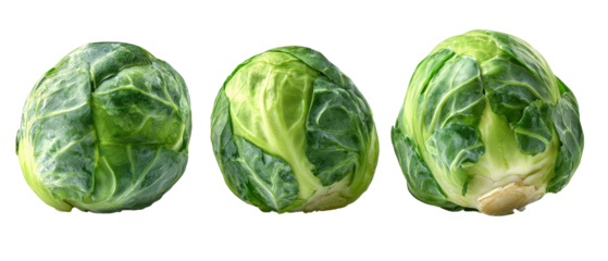 Fresh Brussels sprouts arranged in a row, showcasing their vibrant green color and textured leaves, with a simple white background emphasizing their natural beauty