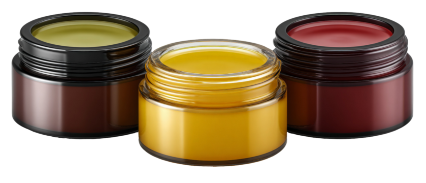 Three jars of vibrant colored substances arranged in a triangular formation, showcasing their rich textures and hues, set against a neutral background, ideal for artistic projects