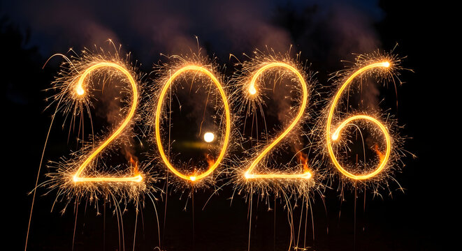 Bright sparkler fireworks spell out the year 2026 against a dark night sky