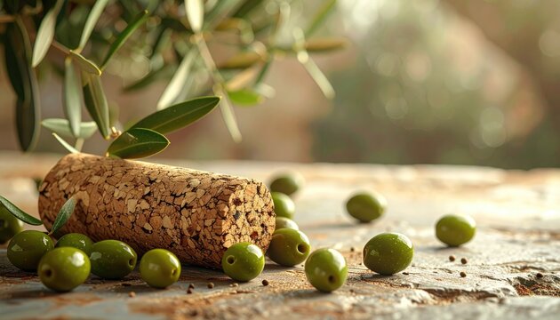Close Up Shot of Green Olives Cork And Olive Branch on a Rustic Wooden Table With Blurred Background - Powered by Adobe