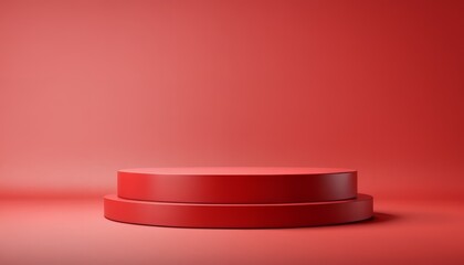 Red podium, realistic 3d platform or pedestal mockup for showcasing cosmetics during presentation. Vector background for promoting professional luxury beauty or skincare products on studio stage