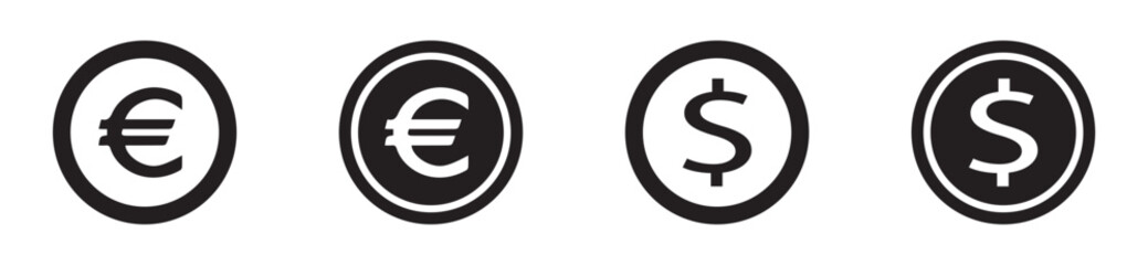 Euro and Dollar coin icon pack. Flat internet icons designed for apps and digital interfaces.
