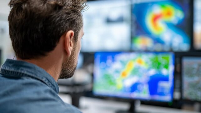 A man with curly hair and a beard, viewed from behind, intently observing multiple screens displaying complex data visualizations and maps.