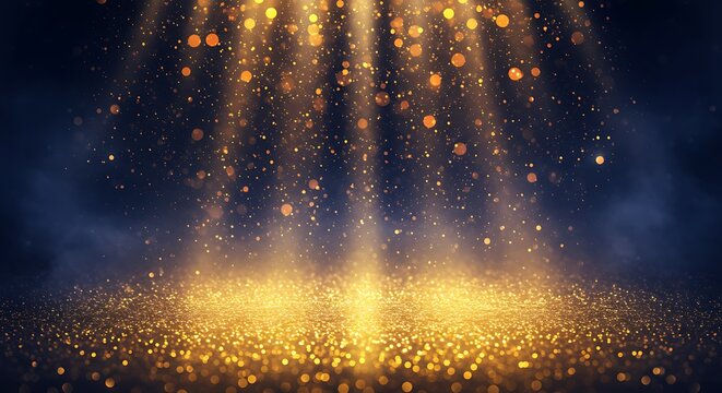 Golden glitter particles falling from above, illuminated by dramatic light rays, creating a magical and celebratory atmosphere on a dark background - Powered by Adobe