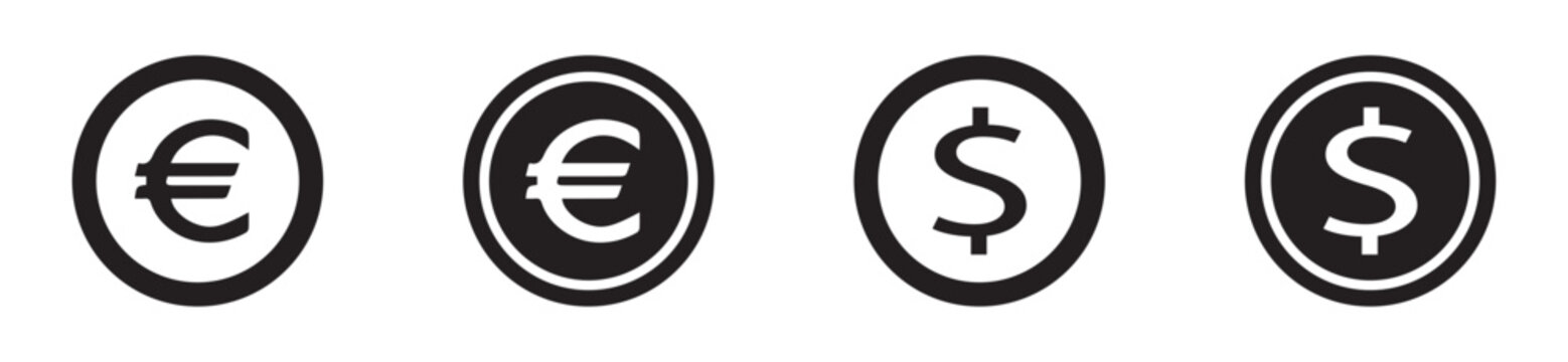Euro and Dollar coin icon pack. Flat internet icons designed for apps and digital interfaces.