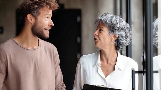 Intergenerational Bond: Joyful Young Man and Senior Woman Sharing Smiles