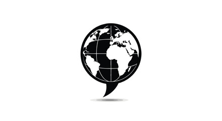 Obraz premium Stylized black and white globe icon within a speech bubble shape symbolizing global communication and connection