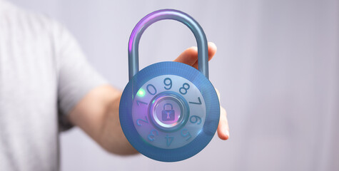 Image of a hand holding a glowing combination lock, symbolizing security, protection, and data...