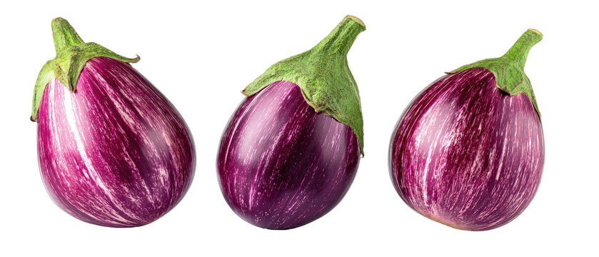 Three vibrant, fresh eggplants arranged in a row, showcasing their glossy purple skin and green tops, set against a clean background, ideal for culinary presentations or organic produce displays