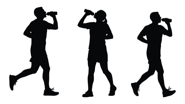 People hydrating during exercise silhouettes isolated on white background, Vector