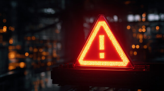 A bright neon triangle with an exclamation mark glows in the darkness, creating a strong visual symbol of caution. The futuristic light style evokes cyber security, risk awareness and modern alert