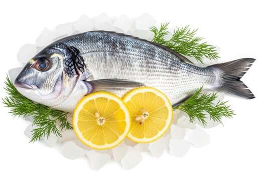 Fresh whole fish with lemon slices and dill on ice