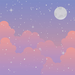 Naklejka premium colorful clouds background with stars and moon magical design. flat design Vector illustration of night sky in Anime style. 