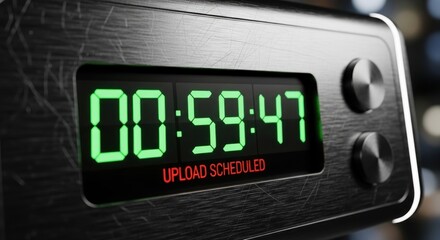 Metallic digital alarm clock shows upload schedule, time is nearing one o'clock
