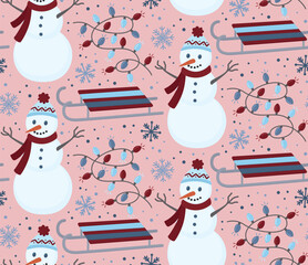 Seamless winter pattern with snowman, string light garlands, sleds and snowflakes. Pink background with holiday season elements