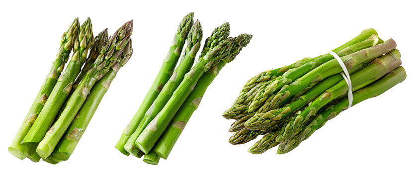 Fresh green asparagus bundles arranged artistically on a white background, showcasing their vibrant color and texture, ideal for culinary presentations or healthy eating concepts - Powered by Adobe