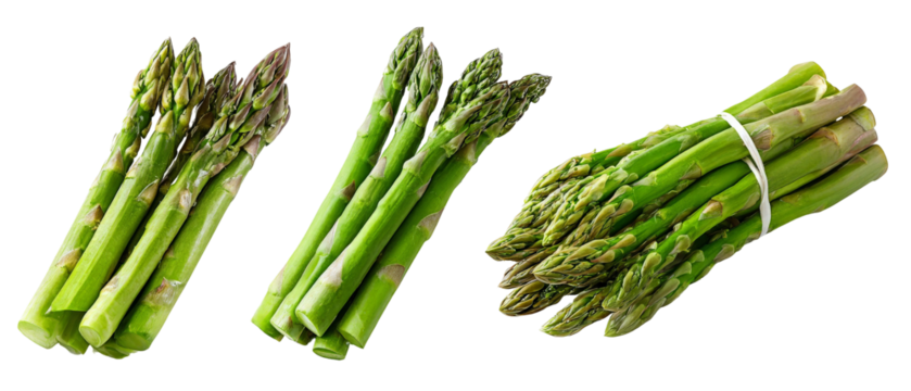 Fresh green asparagus bundles arranged artistically on a white background, showcasing their vibrant color and texture, ideal for culinary presentations or healthy eating concepts
