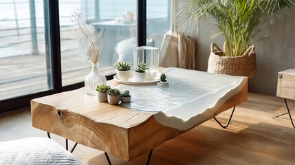 Modern Wooden Table with White Resin Edge Decorated with Potted Succulents and Vase in Bright Sunlit Living Space