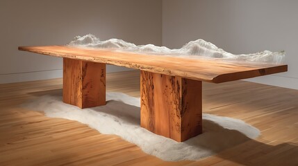 Wooden Table with Mountain Landscape Art Installation in Modern Gallery