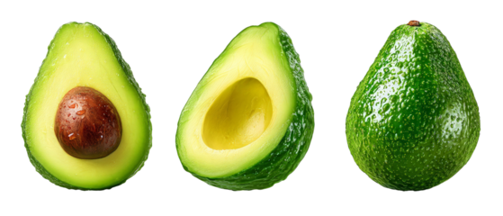 A vibrant display of three avocados showcasing their whole, halved, and pitted forms against a clean background, perfect for culinary or health-related content