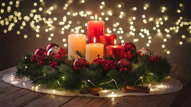 Advent wreath with four candles and festive christmas decorations illuminated by fairy lights