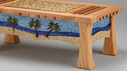 Decorative Wooden Table with Colorful Mosaic Beach Scene Design for Home Decor and Artistic Display