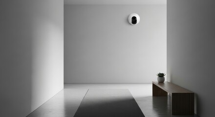 Minimalist hallway, light flooding in, bench, potted plant, modern wall fixture