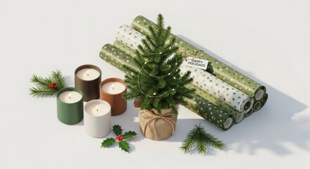 Minimalist holiday scene with candles, wrapped tree, and gift paper