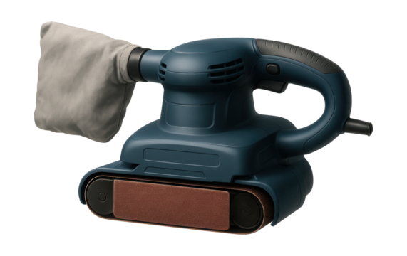 Compact belt sander with dust collection bag, ideal for on-site construction tasks.