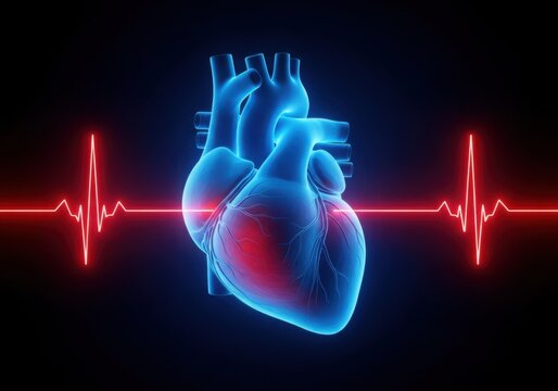 Glowing blue heart with red cardiogram pulse