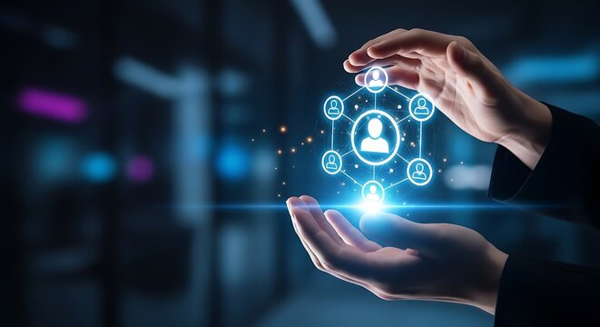 Hands holding glowing network of people icons with connections human social - Powered by Adobe