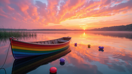 Colorful rainbow boat floats on serene lake at sunset, surrounded by vibrant clouds and gentle ripples in water, creating peaceful atmosphere
