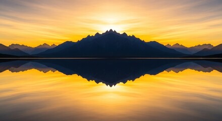 Mirrored mountain range silhouette at sunset, reflected in calm water