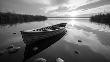 Serene black and white image of wooden boat floating on calm water, surrounded by reeds and stones, reflecting soft light of sunset