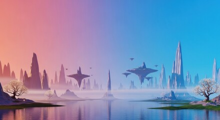 Misty future city on water with floating islands and tall towers; pink & blue sky