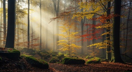 Misty autumn forest with sunlight filtering through colorful leaves and mossy rocks