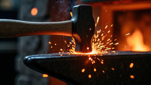Hammer strikes anvil, creating sparks in blacksmith workshop, showcasing craftsmanship and artistry in metalworking