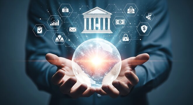 Hands Holding Crystal Ball with Bank and Financial Icons finance banking