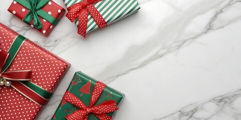 Fototapeta premium Festive christmas presents wrapped in red green patterns and ribbons on a marble surface ready for gifting