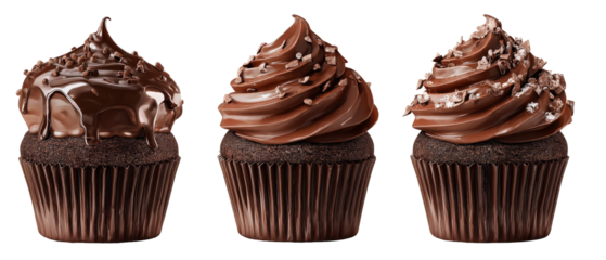 Three beautifully decorated chocolate cupcakes with rich frosting, presented against a clean backdrop, showcasing their texture and design, perfect for dessert menus or baking promotions
