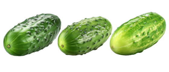Three fresh cucumbers of varying shades and textures displayed against a clean background, showcasing their natural beauty and freshness, ideal for culinary or health-related content