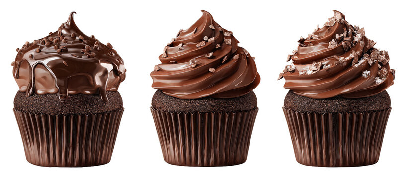 Three beautifully decorated chocolate cupcakes with rich frosting, presented against a clean backdrop, showcasing their texture and design, perfect for dessert menus or baking promotions